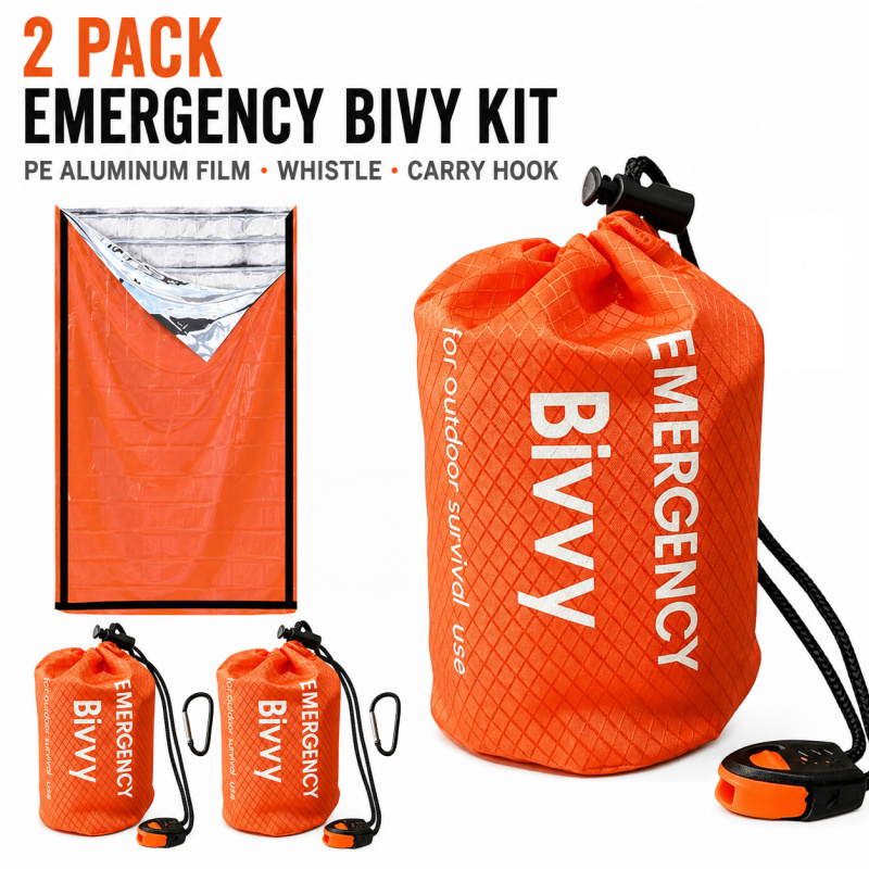Bivy Bag Emergency - 2パック緊急用寝袋、PEアルミフィルムビビーサック、プレミアムポーチ、ホイッスル、キャリーフック付き、キャンプ、ハイキング、車用