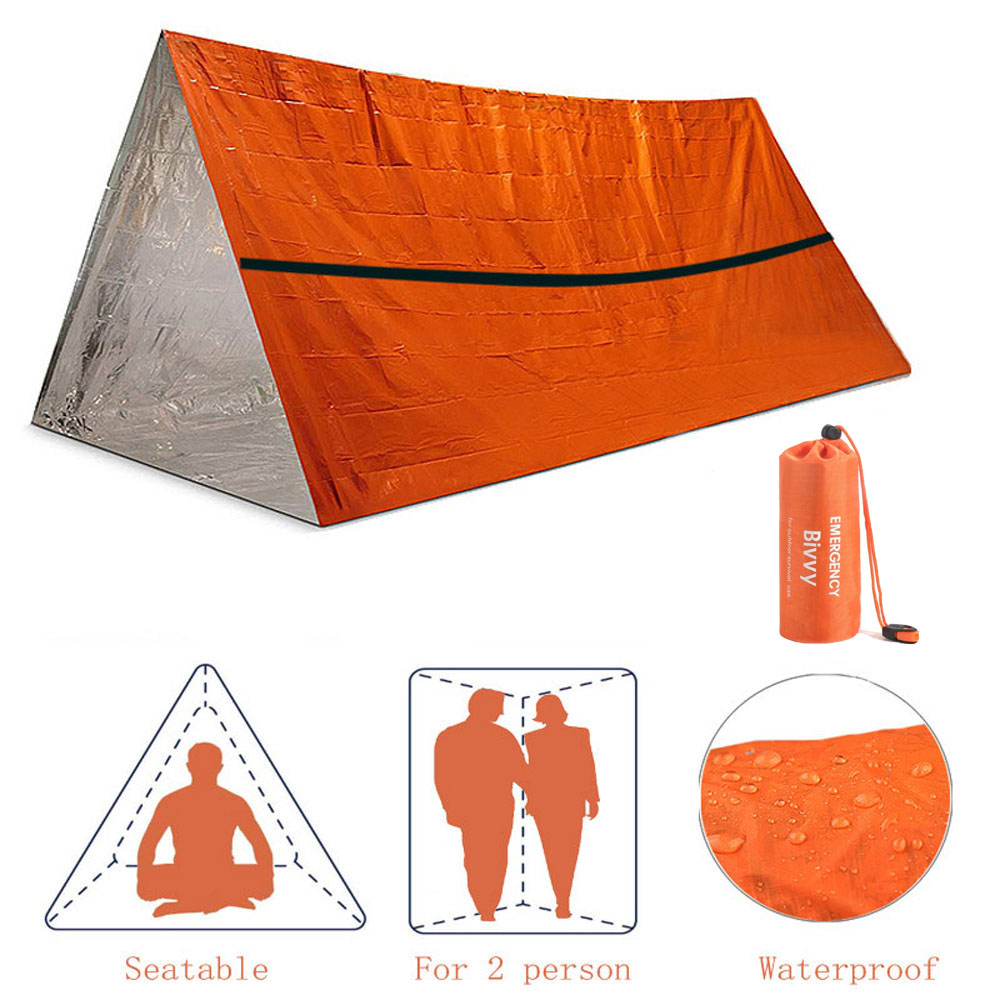 Emergency Mylar Tent - 2 人緊急避難所ビビィサバイバルテントキットマイラーチューブテント寝袋防水屋外 SOS サーマルブランケット再利用可能