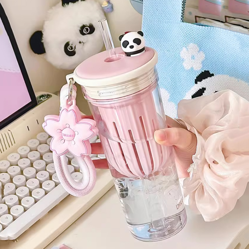Water Purification Straw - 女性用フィルター付きウォーターボトル,かわいい桜とパンダのトリタン,紅茶とジュースカップ,女の子用ジムボトル,カワイイギフト,650ml
