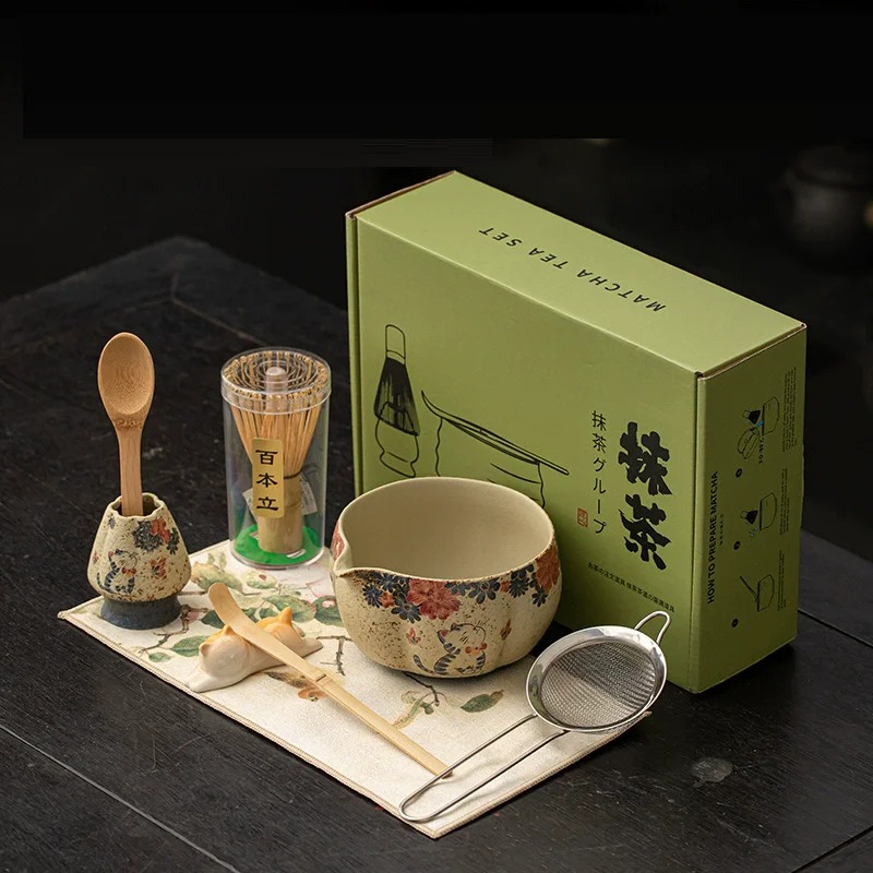 Fire Starting Kit - 8点セット 日本製 火打石抹茶セット 竹製抹茶茶筅 高級抹茶茶碗 箱入り